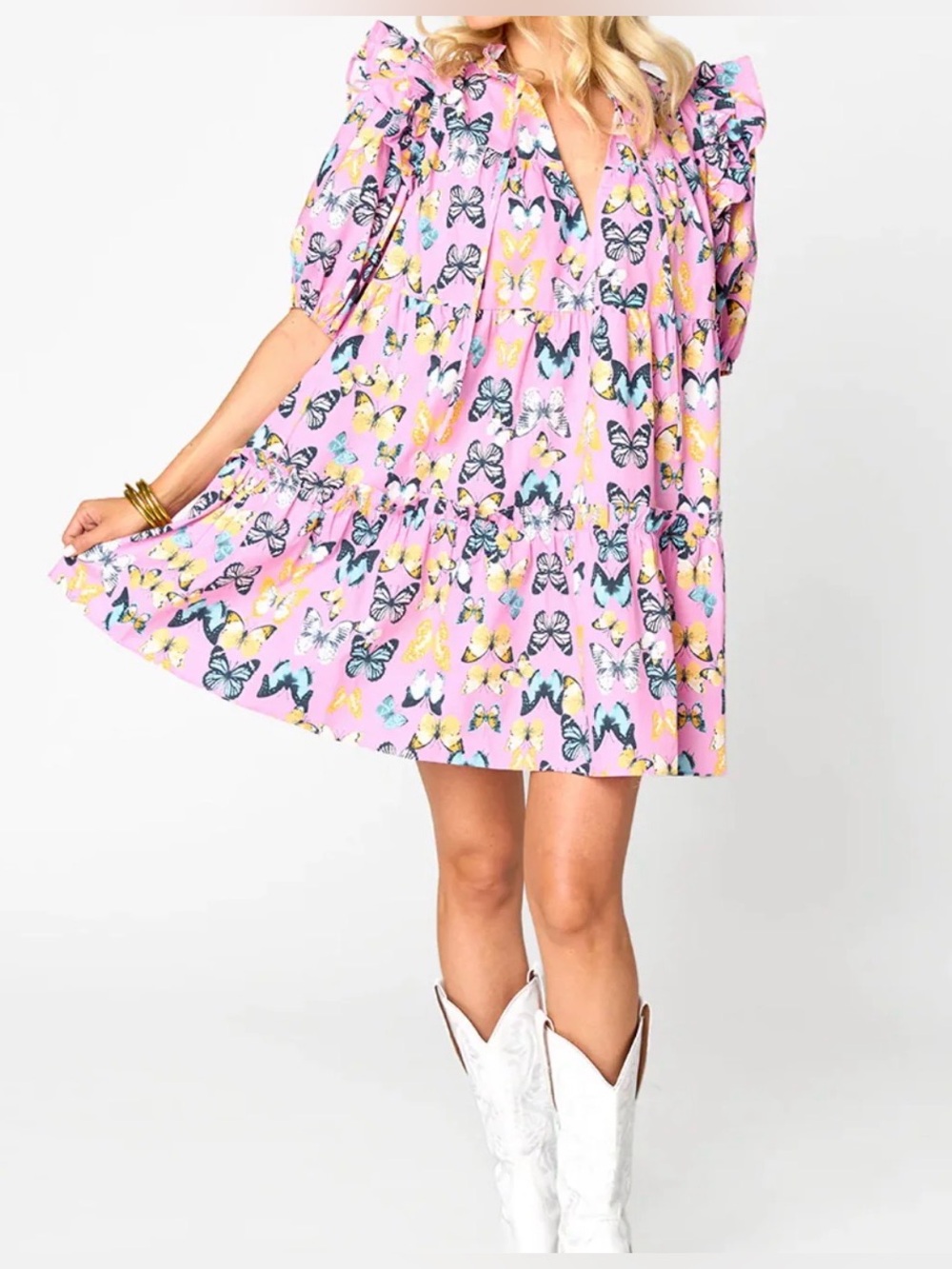 Buddy Love Pink Butterfly Tiered Mini Dress